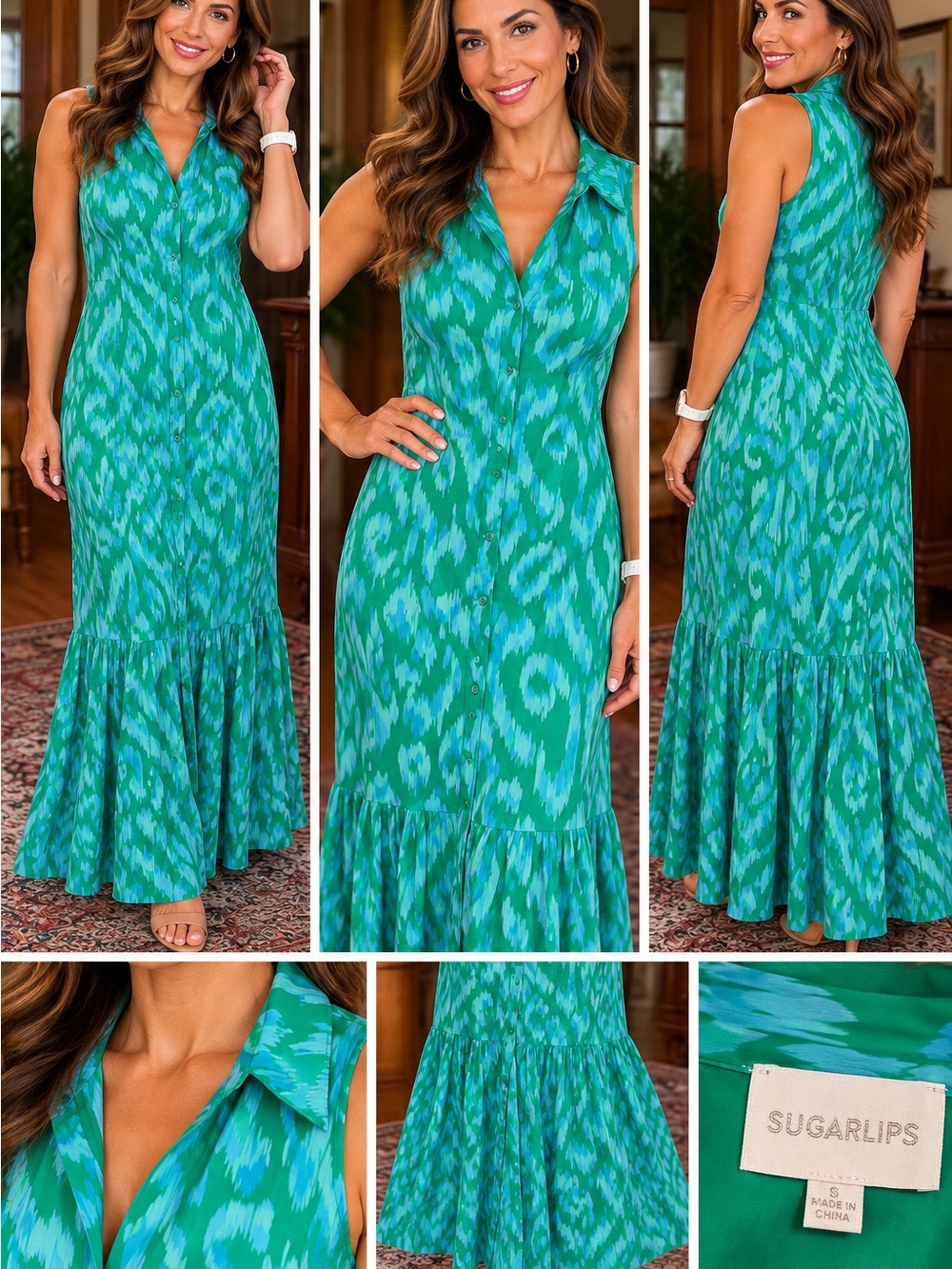 Sugarlips Turquoise-Green Ikat Maxi Shirt Dress